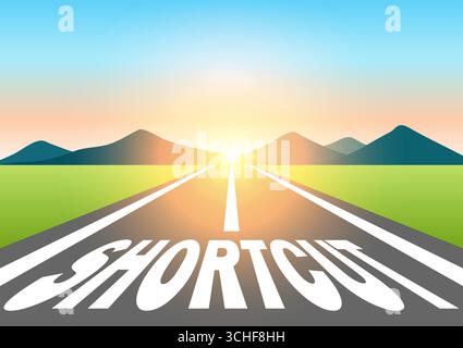 Shortcut. Abkürzung geschrieben auf Asphaltstraße am wunderschönen Sunrise and Mountain. Weg zur Verknüpfung. Vektorabbildung. Stock Vektor