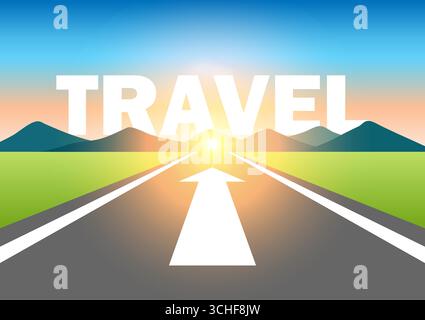 Reisen. Die Fahrt ist auf der Asphaltstraße am wunderschönen Sonnenaufgang und Berg geschrieben. Straße zu Reisen. Vektorabbildung. Stock Vektor