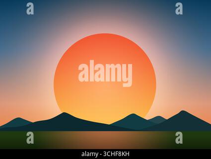 Sonnenuntergang oder Sonnenaufgang Hintergrund mit schöner Berglandschaft. Vektorabbildung. Stock Vektor