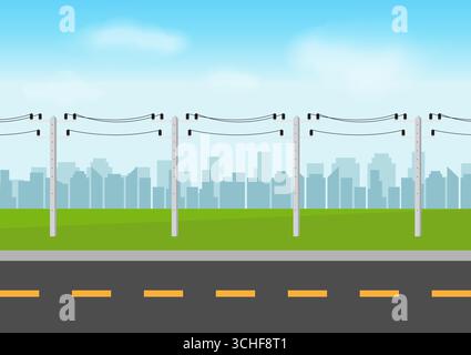 Elektrischer Pol in einem Feld gegen blauen Himmel. Elektrische Pylonen. Elektrische Kraftübertragung. Hochspannungs-Pylon. Vektorabbildung. Stock Vektor