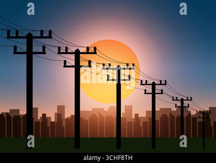 Elektrischer Pol gegen Sonnenuntergang. Elektrische Pylonen. Elektrische Kraftübertragung. Hochspannungs-Pylon. Vektorabbildung. Stock Vektor