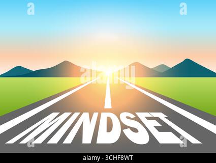 Einstellung. Denkweise geschrieben auf Asphaltstraße am wunderschönen Sunrise and Mountain. Vektor-Illustration „Weg zur Denkweise“. Stock Vektor