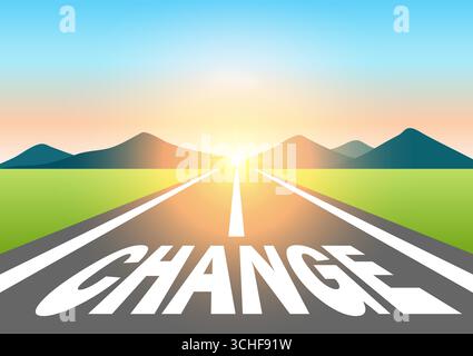 Ändern. Änderung geschrieben auf Asphaltstraße am wunderschönen Sonnenaufgang und Berg. Weg zur Veränderung. Vektorabbildung. Stock Vektor