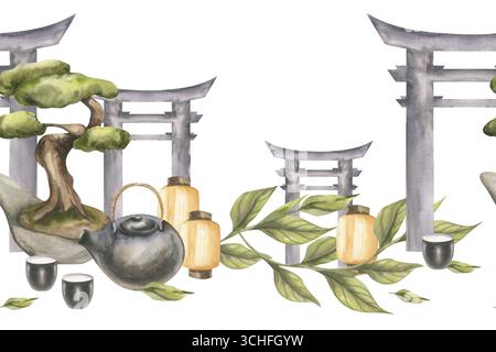 Nahtlose Grenze im japanischen Stil mit Bonsai-Baum, schwarzer Keramik-Teekanne, Papierlaterne, grünen Teeblättern und grauer Torii-Tor-Illustration. Oder Stockfoto