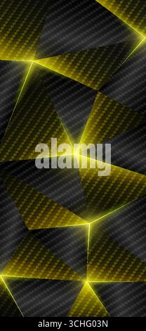 Smartphone-Tapete aus Kohlefaser mit niedrigem Poly Gold. Abstrakter geometrischer Hintergrund, Dreiecke. Strahlendes Dreieck. Grauer goldgelber Hintergrund. Polygonal Stock Vektor