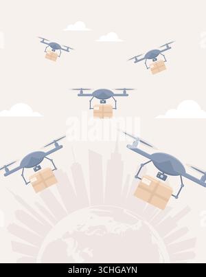 Drohnen mit Paketen fliegen über die Stadt auf der Erde. Illustration des flachen Vektors Stock Vektor