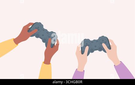 Freunde spielen Konsolenspiele. Zwei Handpaare mit verschiedenen Hauttönen halten Gamecontroller, Draufsicht. Illustration des flachen Vektors Stock Vektor