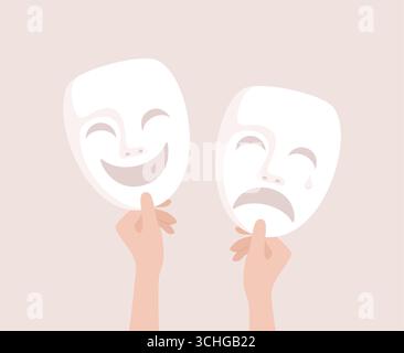 Weibliche Hände, die lächelnde und traurige Theatermasken auf beigefarbenem Hintergrund halten. Illustration des flachen Vektors Stock Vektor