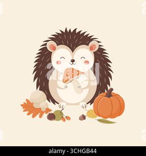 Lächelnder Igel mit Pilz, Herbstblätter, Kürbis und Pilze. Illustration des flachen Vektors Stock Vektor