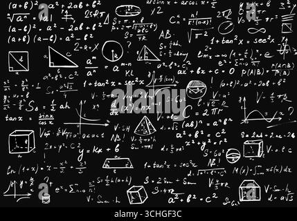 Handgeschriebene wissenschaftliche Formeln und Gleichungen auf dunklem Hintergrund, perfekt für Bildung, Forschung und intellektuelle Projekte. Stockfoto