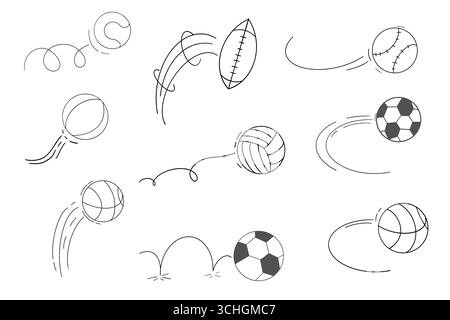 Bounced Ball Comic Manga-Effekt, Doodle Line Hand gezeichnete Ballsprungbahn, Ballbewegungsausdruck. Skizzenbewegung. Vektorabbildung Stock Vektor