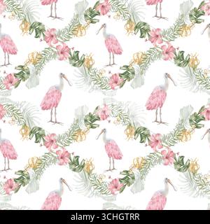 Tropische Dschungel-Aquarelle, nahtloses Muster isoliert. Palmblätter, rosa Löffelschnabel und handbemalte Blumen. Botanischer Hintergrund mit exotischem Hintergrund Stockfoto