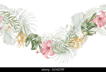Tropische Blätter üppiges Laub und Blumen zarte Aquarelle nahtlose Grenze isoliert. Palmwedel mit rosa und gelben Blüten, handbemalt. Botanik Stockfoto