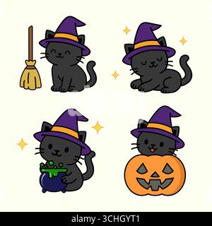 Vektor-Illustration einer niedlichen schwarzen Katze in einem lila Hexenhut in verschiedenen Posen mit Besen, Kürbis und Kessel. Niedliche Halloween-Figur Stock Vektor