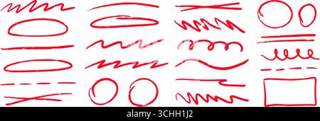 Rote handgezeichnete Formen und Linien Set. Kollektion mit skizzierten geometrischen Rahmen und Streifen. Zickzack und welliges Scribble Pack. Markierungszeichen für Markierung, Hervorhebung, Akzent, Hervorhebung. Vektor-gekritzelte Ränder Stock Vektor