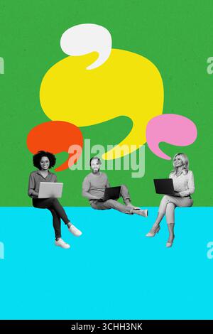 Kreatives Trenddesign 3D Collage Skizze von Team Unternehmen zwei Dame Mann Sit Lächeln halten Laptop Konversation Ballon Nachricht Dialog Cloud seo Stockfoto