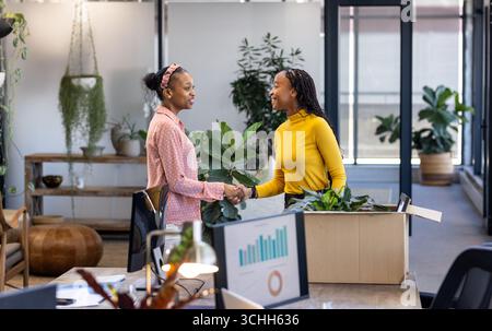 Zwei Frauen schütteln in modernen Büros die Hand und feiern die erfolgreiche Zusammenarbeit Stockfoto