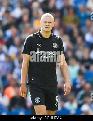 Erling Haaland aus Manchester City während des Premier League-Spiels zwischen Brighton und Hove Albion und Manchester City im American Express Stadium , Brighton , UK - 31. August 2025 Foto Simon Dack / Teleobjektive nur redaktionelle Verwendung. Kein Merchandising. Für Football Images gelten Einschränkungen für FA und Premier League, inc. Keine Internet-/Mobilnutzung ohne FAPL-Lizenz. Weitere Informationen erhalten Sie bei Football Dataco Stockfoto