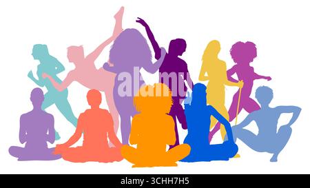 Farbenfrohe Collage monochromer Silhouetten von Frauen, die Sport und Yoga als Konzept üben Stockfoto