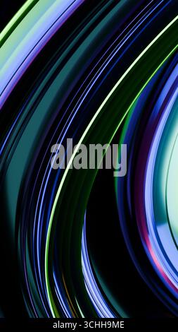 Abstraktes 3D-Bildmaterial im vertikalen Format mit glänzenden, geschwungenen Linien in Grün-, Blau- und Lila-Tönen. Dieser futuristische Hintergrund ist ideal für digitale Anwendungen Stockfoto