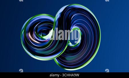 Abstraktes digitales Rendering einer metallischen Infinity-Schleife, die in neongrünen und violetten Tönen vor einem dunkelblauen Hintergrund leuchtet. Ideal für Tapeten und tec Stockfoto