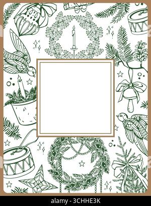 Rechteckige Weihnachtskartenschablone mit quadratischem Rahmen. Hintergrund mit Vintage-Weihnachtsspielzeug und Dekor. Fertiges Design für Winterpostkarte, Poster, Banner, Einladung. Feiertagsvektor-Retro-Illustration in grüner und goldener Farbe Stock Vektor
