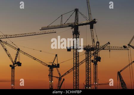 Dresden, Deutschland. 31. August 2025. Auf der Baustelle der neuen Halbleiterfabrik von TSMC, Robert Bosch GmbH und Infineon Technologies in Dresden, 31. August 2025, heben sich Krane im Abendlicht hervor. Quelle: dpa/Alamy Live News Stockfoto