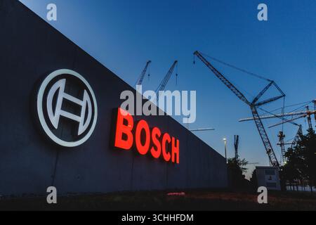 Dresden, Deutschland. 31. August 2025. Auf der Baustelle der neuen Halbleiterfabrik von TSMC, Robert Bosch GmbH und Infineon Technologies in Dresden, 31. August 2025, heben sich Krane im Abendlicht hervor. Quelle: dpa/Alamy Live News Stockfoto