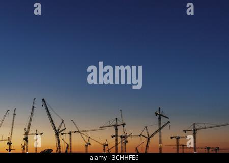 Dresden, Deutschland. 31. August 2025. Auf der Baustelle der neuen Halbleiterfabrik von TSMC, Robert Bosch GmbH und Infineon Technologies in Dresden, 31. August 2025, heben sich Krane im Abendlicht hervor. Quelle: dpa/Alamy Live News Stockfoto