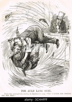 Punch cartoon of 1912 depicting Uncle Sam amused at the infighting between President William Howard Taft  and  ex president Theodore Roosevelt. Stockfoto