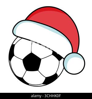 Fußball mit Weihnachtsmütze. Festliche Weihnachtsillustration. Ein klassischer schwarz-weißer Fußball mit rotem Weihnachtsmann-Hut. Stock Vektor