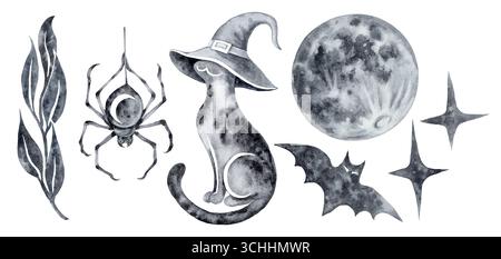 Set mit isolierten Illustrationen für halloween-Katze in einem Hexenhut Fledermaus Mondspinne Sterne Baum Zweig Grafik strukturierte schwarze Aquarelltinte Stockfoto