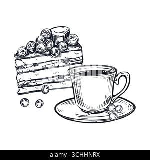 Vektorkomposition aus einer Tasse Tee und einem Stück Kuchen mit Beeren. Alles ist handgezeichnet mit Tinte, die Abbildung ist zum Bedrucken geeignet Stock Vektor