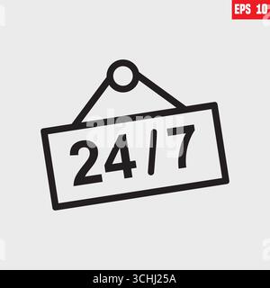 24 7 Symbol für Wartungszeile. Kundensupport-Konzept. Umrisssymbol für Web und Mobilgeräte. 24 Stunden am Tag, 7 Tage die Woche. Logo für einfache Online-Hilfe Stock Vektor