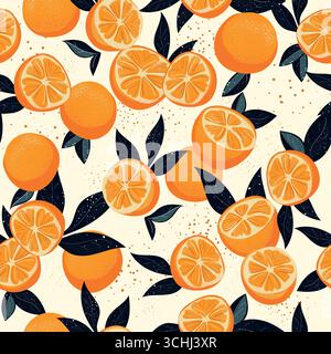 Ein farbenfrohes, nahtloses Muster mit frischen Orangen und leuchtend grünen Blättern vor hellem Hintergrund Stock Vektor
