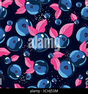 Ein lebendiges Design mit Blaubeeren und rosa Blättern auf dunklem Hintergrund, perfekt für verschiedene Projekte. Stock Vektor