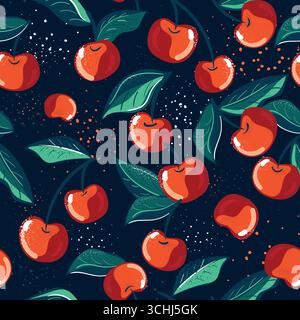 Ein lebhaftes und lebendiges Kirschmuster mit hellroten Kirschen, begleitet von üppigen grünen Blättern vor dunkler Kulisse Stock Vektor