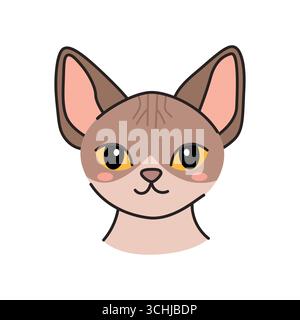 Eine Karikaturabbildung einer haarlosen Katze mit großen Ohren und gelben Augen. Die Katze hat ein hellbraunes und cremefarbenes Fell, das ihre Besonderheit unterstreicht Stock Vektor