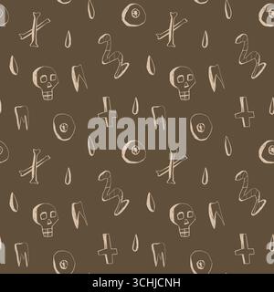 Nahtloses Halloween-Muster mit Totenkopfkerzen, Kreuzen und gruseligen Doodle-Symbolen auf braunem Hintergrund für Design und Verpackung Stock Vektor