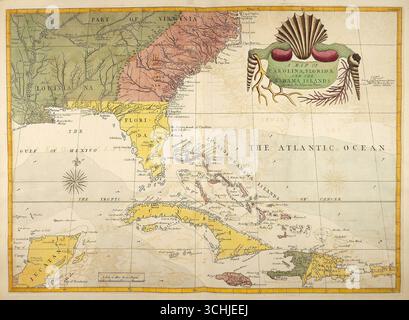 Karte von Carolina, Florida und den Bahama-Inseln aus der Naturgeschichte von Carolina, Florida und den Bahama-Inseln von Mark Catesby und George Edwards, Band 2 (1754), erschienen nach Platte Nr. 100. Stockfoto
