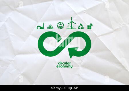 Symbole für die Kreislaufwirtschaft auf weißem Hintergrund Stockfoto