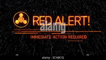 Anzeige des ROTEN ALARMS auf der digitalen Konsole mit Symbol, Fortschrittsleiste und SOFORTIGER AKTION ERFORDERLICH Stockfoto