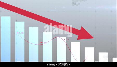 Anzeige des Diagramms mit dem Abwärtstrend auf grauem sechseckigem Gitter, mit Verlaufsbalken und rotem Pfeil Stockfoto