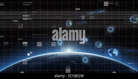 Zeigt den rotierenden Planeten Erde im Weltraum mit leuchtendem Horizontlicht und digitalen UI-Elementen Stockfoto
