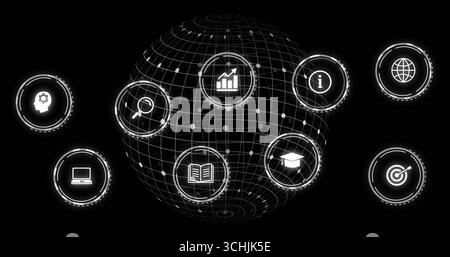Schwebende Wireframe-Kugel mit Balkendiagrammen, Buch, Graduierung und Infosymbolen im Hintergrund Stockfoto