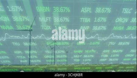Anzeige der zentralen Windenergieanlage, die im Grasland steht, mit digitalen Börsentickern und Liniendiagrammen Stockfoto