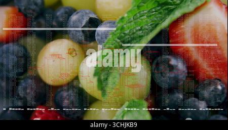 Zeigt grüne Trauben Heidelbeeren, Erdbeeren und Minzblätter im Studio mit Datenüberlagerungen Stockfoto