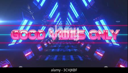 Anzeige von leuchtendem 3D-Text GOOD VIBES NUR im Tunnel, mit blauen Neonfeldern und schwebenden Blöcken Stockfoto