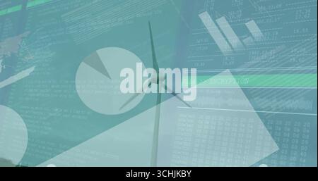 Rotierende Windenergieanlage, die in den grünen Himmel aufsteigt und Code, Hexadezimal, Tortendiagramm, Balkendiagramme, Verschlüsselung anzeigt Stockfoto