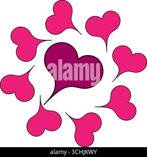 Eine Illustration von rosa Herzen mit schwarzen Umrissen in einem Kreis Stockfoto